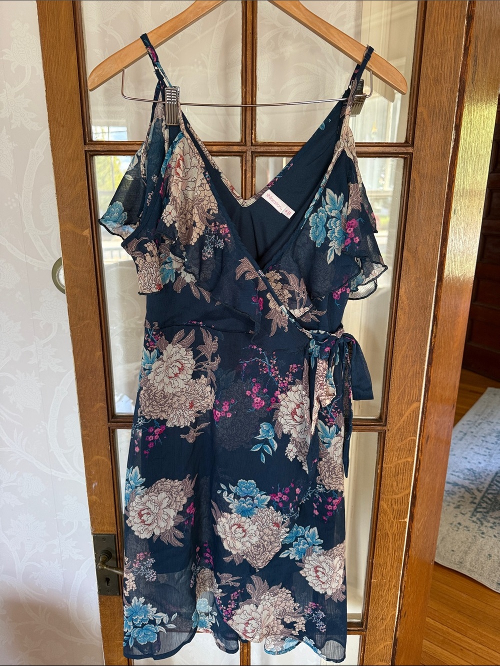 Xhilaration Navy Floral Wrap Mini Dress with Pink & Blue Accents